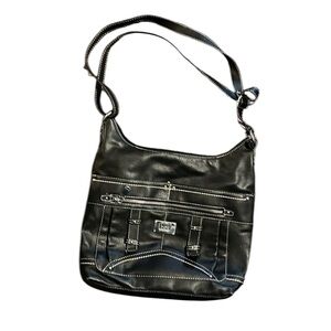 Black b.o.c. faux leather crossbody shoulder bag with interior power bank pocket